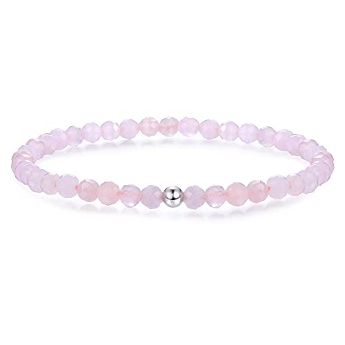 JeweBella 4mm Perlenarmband Damen mit 925 Silber Perle Armband Rose Quartz Amethyst Obsidian Mondstein Hämatit Natürliche Edelstein Armband Damen Herren Stretch Facettierte Perlen Armbänder von JeweBella