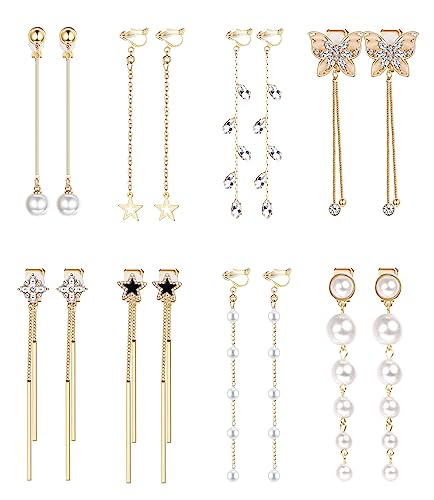 JeweBella 8 Paar Lange Ohrclips Damen Mädchen Mode Kreuz Schmetterling Stern Perlen Baumeln Clip Ohrringe Set Silber/Gold Hypoallergen Ohrklipser Damen Ohne Ohrlöcher JeweBella 8 Paar Lange Ohrclips Damen Mädchen Mode Kreuz Schmetterling Stern Perlen Baumeln Clip Ohrringe Set Silber/Gold Hypoallergen Ohrklipser Damen Ohne Ohrlöcher von JeweBella