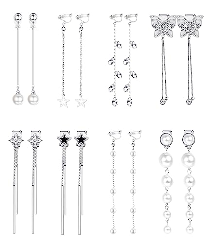 JeweBella 8 Paar Lange Ohrclips Damen Mädchen Mode Kreuz Schmetterling Stern Perlen Baumeln Clip Ohrringe Set Silber/Gold Hypoallergen Ohrklipser Damen Ohne Ohrlöcher von JeweBella