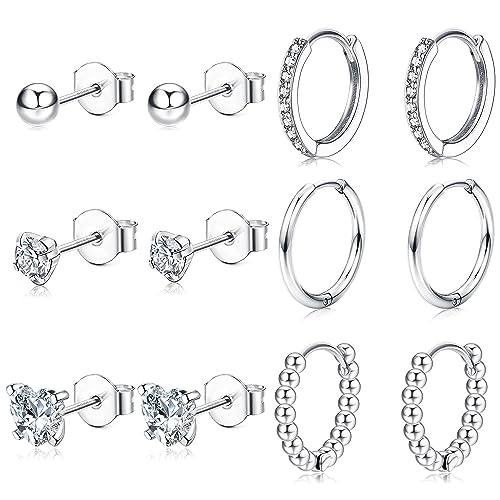 JeweBella 6 Paar Ohrstecker Silber 925 für Damen Mädchen Ohrringe Creolen Silber Hypoallergen 925 Sterling Silber Pin Zirkonia Ohrringe Knorpel Set Klein Schlafen Kreolen Ohrringe von JeweBella