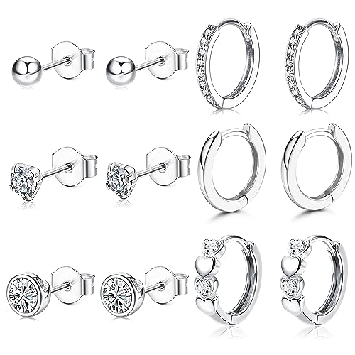 JeweBella 6 Paar Ohrstecker Silber 925 für Damen Mädchen Ohrringe Creolen Silber Hypoallergen 925 Sterling Silber Pin Zirkonia Ohrringe Knorpel Set Klein Schlafen Kreolen Ohrringe von JeweBella