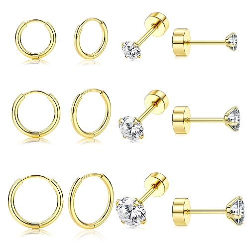 JeweBella 6 Paar Kleine Ohrringe Set für Damen G23 Titan Zirkonia Ohrstecker Mini Huggie Creolen Set Piercing Ohr Helix Tragus von JeweBella