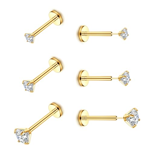 JeweBella 6Pcs 16G/20G Tragus Ohrringe für Damen Chirurgenstahl Push In Labret Lippenpiercing Nasenpiercing Stecker Gewindeloses Flache Rückseite Ohrstecker für Helix Conch Tragus Piercing von JeweBella