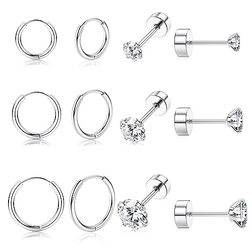 JeweBella 6 Paar Kleine Ohrringe Set für Damen G23 Titan Zirkonia Ohrstecker Mini Huggie Creolen Set Piercing Ohr Helix Tragus von JeweBella