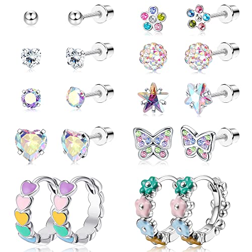 JeweBella 10Paar Kleine Ohrstecker Set für Damen Mädchen Chirurgenstahl Hypoallergen Creolen Ohrringe Niedlich Schmetterling Blume Herz Ohrringe Zirkonia Mehrfarbig Schraubverschluss Ohrringe Set von JeweBella