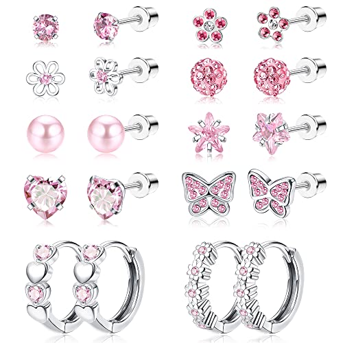 JeweBella 10Paar Kleine Ohrstecker Set für Damen Mädchen Chirurgenstahl Hypoallergen Creolen Ohrringe Niedlich Schmetterling Blume Herz Ohrringe Zirkonia Mehrfarbig Schraubverschluss Ohrringe Set von JeweBella