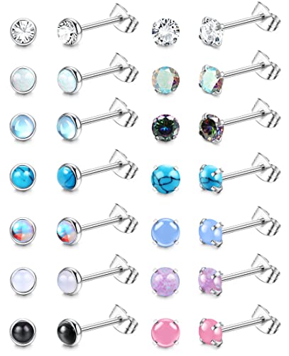 JeweBella 14Paar Kleine Ohrstecker Set für Damen Herren Chirurgenstahl Zirkonia Opal Mondstein Türkis Schwarz Onyx Ohrstecker Set Hypoallergene Natürliche Runde Ohrstecker Piercing Knorpel Ohrstecker von JeweBella