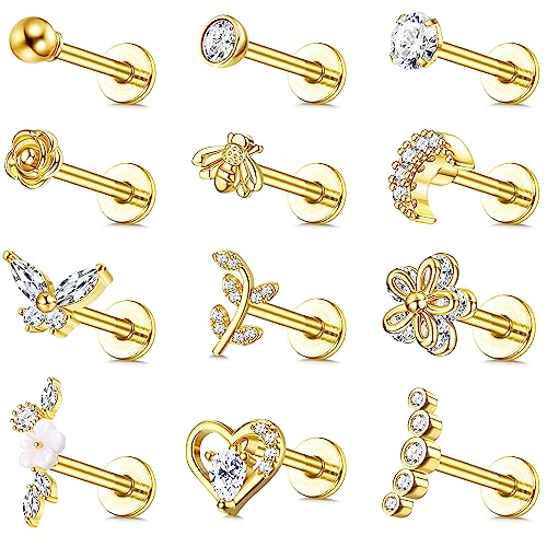 JeweBella 12 Stück 16G Tragus Helix Piercing Ohrringe für Damen Chirurgenstahl Knorpel Ohrringe Zirkonia Herz Blume Conch Piercing Labret Nase Piercing Ohrstecker Set Tragus Piercing Ohr Silber/Gold von JeweBella