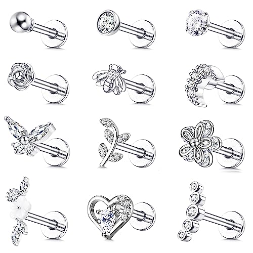 JeweBella 12 Stück 16G Tragus Helix Piercing Ohrringe für Damen Chirurgenstahl Knorpel Ohrringe Zirkonia Herz Blume Conch Piercing Labret Nase Piercing Ohrstecker Set Tragus Piercing Ohr Silber/Gold von JeweBella