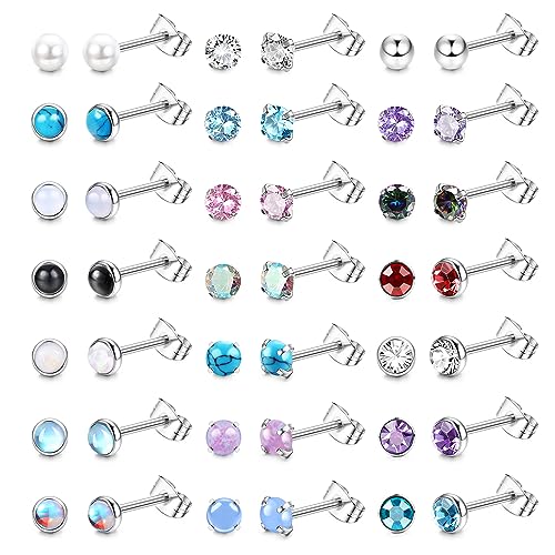 JeweBella 21 Paar Kleine Ohrstecker Chirurgenstahl für Damen Mädchen Zirkonia Opal Mondstein Türkis Schwarz Onyx Ohrstecker Set Hypoallergene Silber Ohrstecker Piercing Knorpel Ohrstecker Schmuck von JeweBella