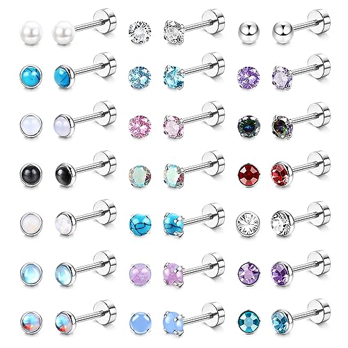 JeweBella 21 Paar Kleine Ohrstecker Chirurgenstahl für Damen Mädchen Zirkonia Opal Mondstein Türkis Schwarz Onyx Ohrstecker Set Hypoallergene Silber Ohrstecker Piercing Knorpel Ohrstecker Schmuck von JeweBella