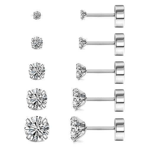 JeweBella 5 Paar Ohrstecker Silber Damen Set G23 Titan Ohrringe für Mehrere Piercing Ohr Helix Tragus Unisex Kleine Zirkonia Ohrringe Silber 2/3/4/5/6mm von JeweBella