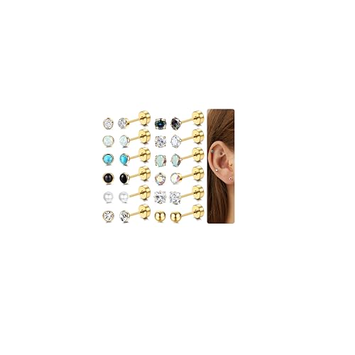 JeweBella 12 Paar Ohrringe Chirurgenstahl für Damen Mädchen Hypoallergen Zirkonia Opal Mondstein Medizinische Ohrstecker Set Gold/Silber Ohrringe Helix Knorpel Ohrringe für Mehrere Piercings von JeweBella