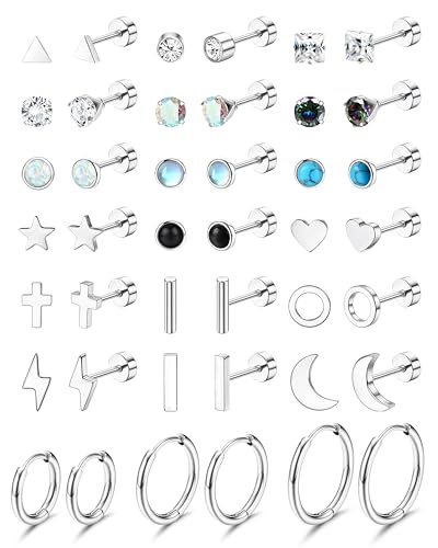 JeweBella 21Pairs Kleine Ohrstecker Chirurgenstahl Damen Knorpel Ohrringe Hypoallergen Zirkonia Stern Mond Flatback Ohrringe Set Creolen Silber Helix Piercing Ohrstecker für Mehrere Ohrlöcher von JeweBella