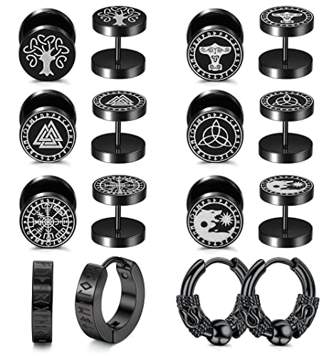 JeweBella 8Paar Ohrstecker Herren Edelstahl Wikinger Rune Schwarze Ohrringe Wolfskopf Keltischer Knot Ohrringe Piercings Ohrstecker Set Punk Klassische Ohrringe Creolen Hypoallergen für Damen Männer von JeweBella