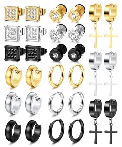 JeweBella 15 Paar Ohrringe Herren Edelstahl Silber Creolen Ohrringe Set Goldene Kreuz Baumelnde Ohrringe Schwarz Ohrstecker Männer Piercing Knorpel Zirkonia Ohrringe für Herren Damen von JeweBella