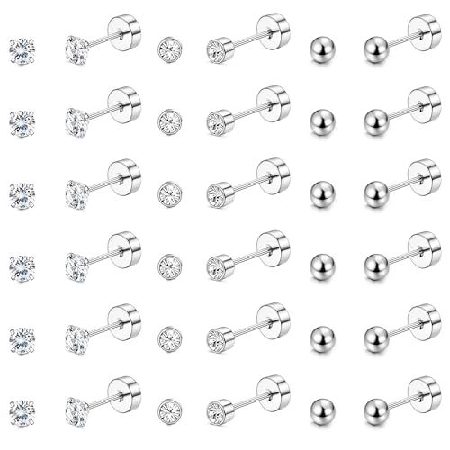 JeweBella 18 Paar Ohrstecker Silber für Damen Herren Edelstahl Kleine Zirkonia Ohrringe Flach Hypoallergen Ohrstecker Set 2mm/3mm/4mm von JeweBella