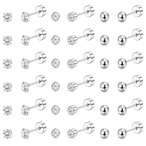 JeweBella 18 Paar Ohrstecker Silber für Damen Herren Edelstahl Kleine Zirkonia Ohrringe Flach Hypoallergen Ohrstecker Set 2mm/3mm/4mm von JeweBella