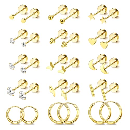JeweBella 15 Paar Ohrringe Gold Set Piercing Ohr Medizinische Ohrstecker Gold Hypoallergene 316L Chirurgenstahl Ohrringe Gold Stecker Creolen Ohrringe Set Helix Piercings Gold Ohrpiercing für Damen von JeweBella
