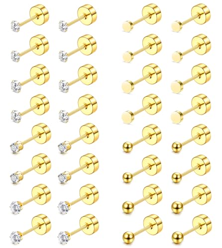 JeweBella 16 Pairs Klein Ohrstecker Chirurgenstahl Hypoallergen Medizinische Ohrstecker Silber Gold Ohrringe Set Piercing Ohr Kugel Runde Zirkon Schlafen Knorpel Ohrringe für Damen Herren 2/3MM von JeweBella