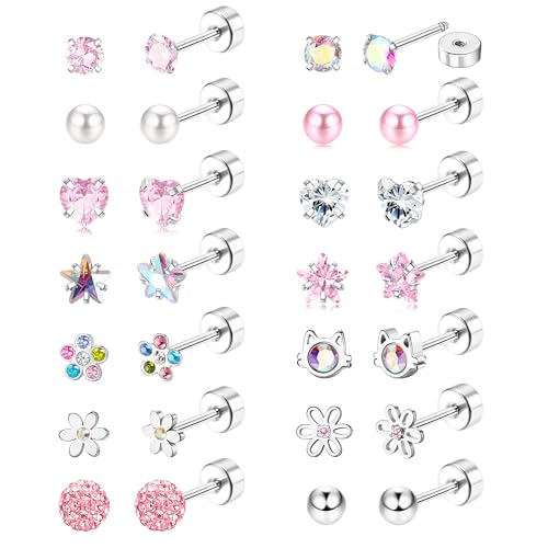 JeweBella 12/14Paar Kinder Ohrringe Mädchen Medizinische Ohrstecker Chirurgenstahl Hypoallergen Gesundheitsstecker Ohrringe Silber Niedlich Blume Perle Herz Zirkonia Ohrringe Set für Damen Mädchen von JeweBella