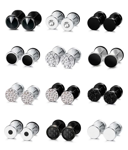 JeweBella 12 Paar Fake Plugs Ohrringe Herren Männer Edelstahl Silber Schwarz Ohrstecker Set Fake Tunnel Ohrringe Set Runde Schraube Barbell Ohrstöpsel Faux Gauges Ohrringe für Herren Damen 8MM von JeweBella