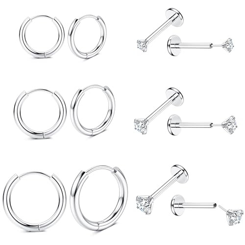 JeweBella 6 Paar 20G Tragus Ohrringe Chirurgenstahl Damen Tragus Piercing Set Push In Labret Piercing Studs Kleine Creolen Ohrringe Lippenpiercing Nasenpiercing Medusa Helix Piercing Ohr Silber/Gold von JeweBella