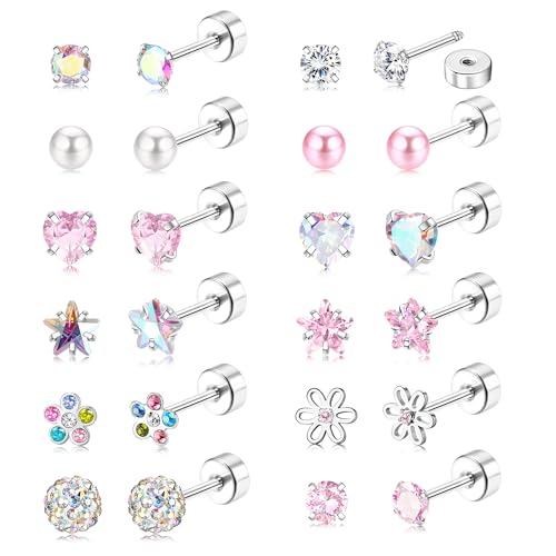 JeweBella 12/14Paar Kinder Ohrringe Mädchen Medizinische Ohrstecker Chirurgenstahl Hypoallergen Gesundheitsstecker Ohrringe Silber Niedlich Blume Perle Herz Zirkonia Ohrringe Set für Damen Mädchen von JeweBella