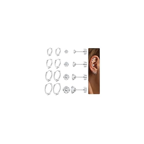 JeweBella 8 Paar Ohrringe Gold Silber Set für Damen Hypoallergen Piercing Ohr Chirurgenstahl Ohrringe Vergoldet 14K Medizinische Ohrstecker Gold Creolen Set Helix Knorpel Piercings für Frauen Männer von JeweBella