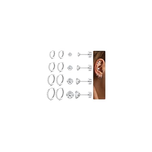 JeweBella 8 Paar Ohrringe Gold Silber Set für Damen Hypoallergen Piercing Ohr Chirurgenstahl Ohrringe Vergoldet 14K Medizinische Ohrstecker Gold Creolen Set Helix Knorpel Piercings für Frauen Männer von JeweBella