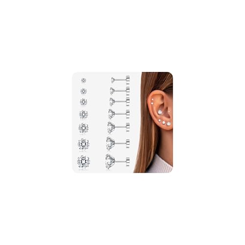 JeweBella 7 Pairs Klein Ohrstecker Chirurgenstahl Hypoallergen Medizinische Ohrstecker Silber Cubic Zirkonia Ohrringe Set Gesundheitsstecker Ohrringe Piercing Ohr Schlafen Knorpel Ohrringe Damen 2-8mm von JeweBella