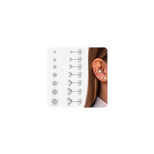 JeweBella 7 Pairs Klein Ohrstecker Chirurgenstahl Hypoallergen Medizinische Ohrstecker Silber Cubic Zirkonia Ohrringe Set Gesundheitsstecker Ohrringe Piercing Ohr Schlafen Knorpel Ohrringe Damen 2-8mm von JeweBella