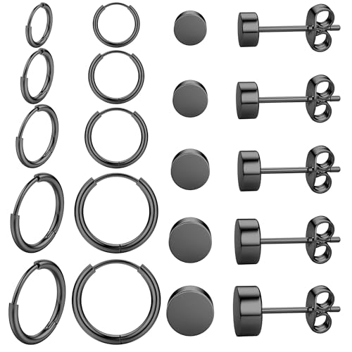 JeweBella 10 Paar Ohrringe Herren Männer Edelstahl Hypoallergen Silber Schwarz Ohrstecker Set 3-7MM Fake Plugs Tunnel Piercing Ohrringe Creolen Set 8/10/12/14/16MM Herren Schmuck von JeweBella