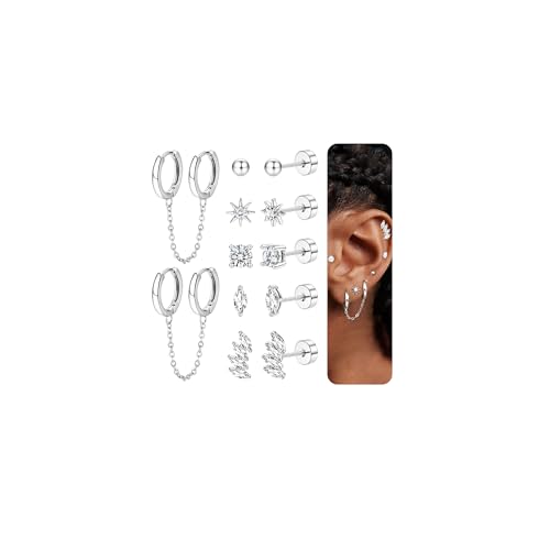 JeweBella 6 Paar Ohrringe Gold Set für Damen Mädchen Helix Piercings Chirurgenstahl Piercing Ohr Hypoallergen 14K Vergoldet Medizinische Ohrstecker Creolen mit Kette Knorpel Ohrringe Set Silber/Gold von JeweBella