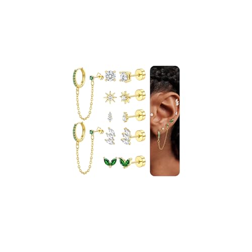 JeweBella 6 Paar Ohrringe Gold Set für Damen Mädchen Helix Piercings Chirurgenstahl Piercing Ohr Hypoallergen 14K Vergoldet Medizinische Ohrstecker Creolen mit Kette Knorpel Ohrringe Set Silber/Gold von JeweBella