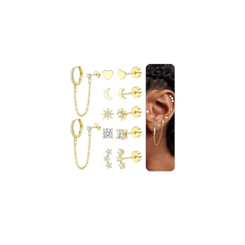 JeweBella 6 Paar Ohrringe Gold Set für Damen Mädchen Helix Piercings Chirurgenstahl Piercing Ohr Hypoallergen 14K Vergoldet Medizinische Ohrstecker Creolen mit Kette Knorpel Ohrringe Set Silber/Gold von JeweBella