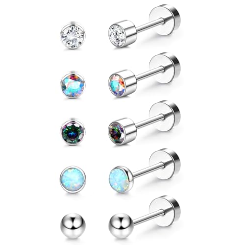 5 Paar G23 Titan Ohrringe Damen Herren Kinder Medizinische Ohrstecker Hypoallergen Türkis Mondstein Opal Cubic Zirkonia Titan Ohrstecker Set Gesundheitsstecker Ohrringe Set Knorpel Piercing Ohr von JeweBella