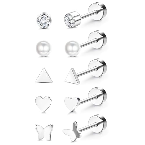 5 Paar G23 Titan Ohrringe Damen Herren Kinder Medizinische Ohrstecker Hypoallergen Türkis Mondstein Opal Cubic Zirkonia Titan Ohrstecker Set Gesundheitsstecker Ohrringe Set Knorpel Piercing Ohr von JeweBella