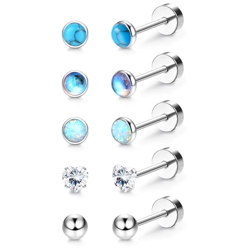 5 Paar G23 Titan Ohrringe Damen Herren Kinder Medizinische Ohrstecker Hypoallergen Türkis Mondstein Opal Cubic Zirkonia Titan Ohrstecker Set Gesundheitsstecker Ohrringe Set Knorpel Piercing Ohr von JeweBella