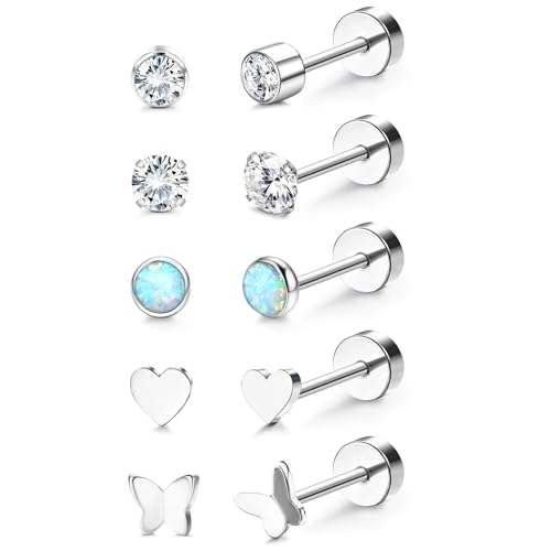 5 Paar G23 Titan Ohrringe Damen Herren Kinder Medizinische Ohrstecker Hypoallergen Türkis Mondstein Opal Cubic Zirkonia Titan Ohrstecker Set Gesundheitsstecker Ohrringe Set Knorpel Piercing Ohr von JeweBella