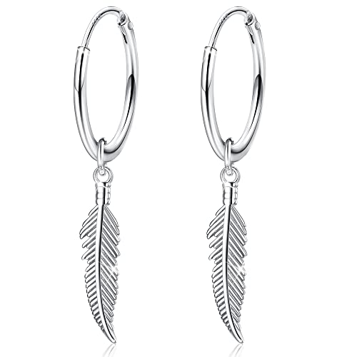 JeweBella Ohrringe Silber 925 Damen Creolen mit Feder Hängend Hypoallergen Ohrringe für Damen Mädchen Herren Durchmesser:15mm von JeweBella