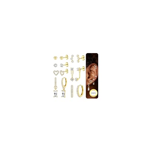 JeweBella Ohrringe Silber 925 Set für Damen 14K Vergoldete Ohrstecker Silber 925 Creolen Helix Tragus Piercing Ohr Gold Hypoallergen Klein Ohrringe Hängend Ohrringe Set für Mehrere Piercings von JeweBella