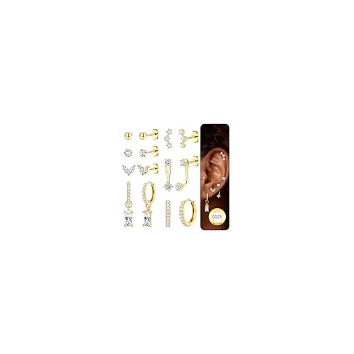 JeweBella Ohrringe Silber 925 Set für Damen 14K Vergoldete Ohrstecker Silber 925 Creolen Helix Tragus Piercing Ohr Gold Hypoallergen Klein Ohrringe Hängend Ohrringe Set für Mehrere Piercings von JeweBella