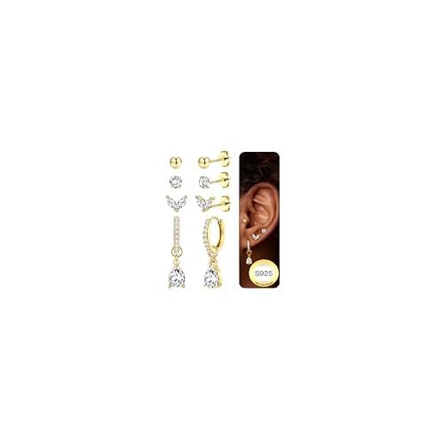 JeweBella Ohrringe Silber 925 Set für Damen 14K Vergoldete Ohrstecker Silber 925 Creolen Helix Tragus Piercing Ohr Gold Hypoallergen Klein Ohrringe Hängend Ohrringe Set für Mehrere Piercings von JeweBella