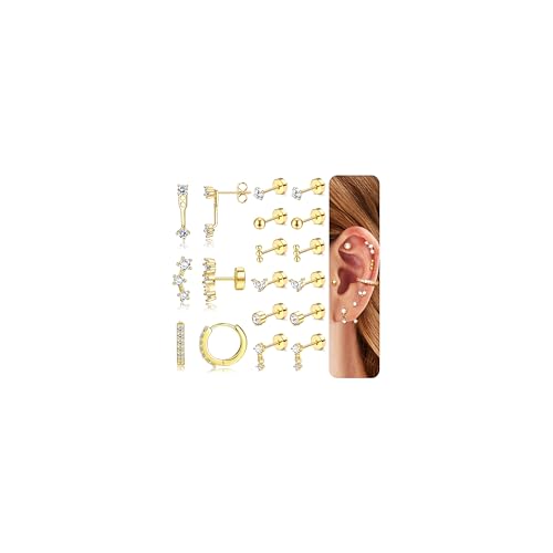 JeweBella Ohrringe Silber für Damen Mädchen Hypoallergen Medizinische Ohrstecker Chirurgenstahl Zirkonia Ohrringe Hängend Kleine Ohrringe Gold Creolen Ohrringe Set für Mehrere Piercings von JeweBella