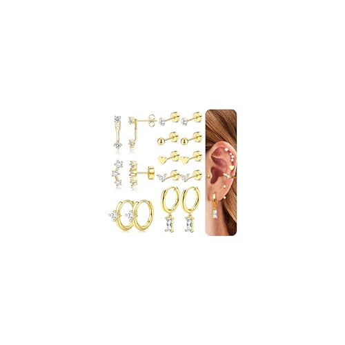 JeweBella Ohrringe Silber für Damen Mädchen Hypoallergen Medizinische Ohrstecker Chirurgenstahl Zirkonia Ohrringe Hängend Kleine Ohrringe Gold Creolen Ohrringe Set für Mehrere Piercings von JeweBella