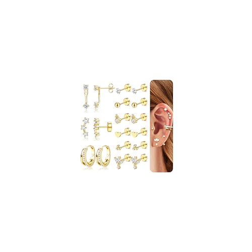 JeweBella Ohrringe Silber/Gold für Damen/Mädchen - Hänger mit Zirkonia - Ohrstecker Chirurgenstahl 316L - Ohrringe Set für mehrere Piercings von JeweBella