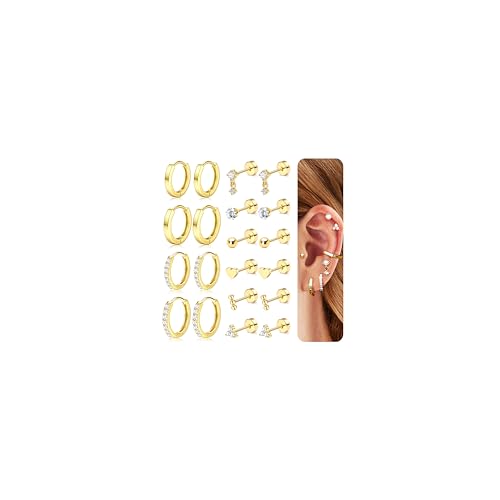 JeweBella Ohrringe Silber für Damen Mädchen Hypoallergen Medizinische Ohrstecker Chirurgenstahl Zirkonia Ohrringe Hängend Kleine Ohrringe Gold Creolen Ohrringe Set für Mehrere Piercings von JeweBella
