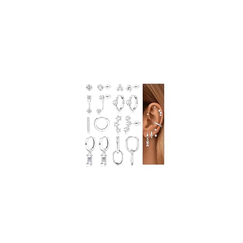 JeweBella Ohrringe Silber für Damen Mädchen Medizinische Ohrstecker Chirurgenstahl Hypoallergen Piercing Ohr Zirkonia Ohrringe Hängend Kleine Ohrringe Gold Creolen Ohrringe Set für Mehrere Piercings von JeweBella