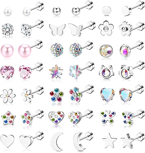 JeweBella 21Paar Kleine Ohrstecker Set für Damen Mädchen Chirurgenstahl Hypoallergen Schmetterling Blume Ohrringe Niedlich Herz Zirkonia Mehrfarbig Piercing Flatback Ohrringe Set von JeweBella